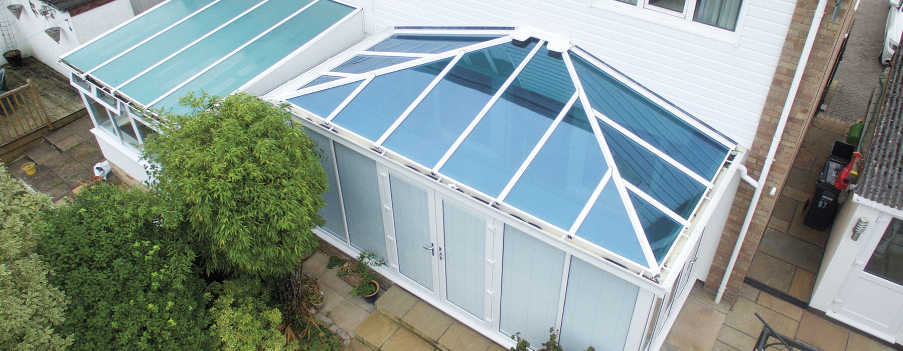 birdseye view of edwardian conservatory with glass roof