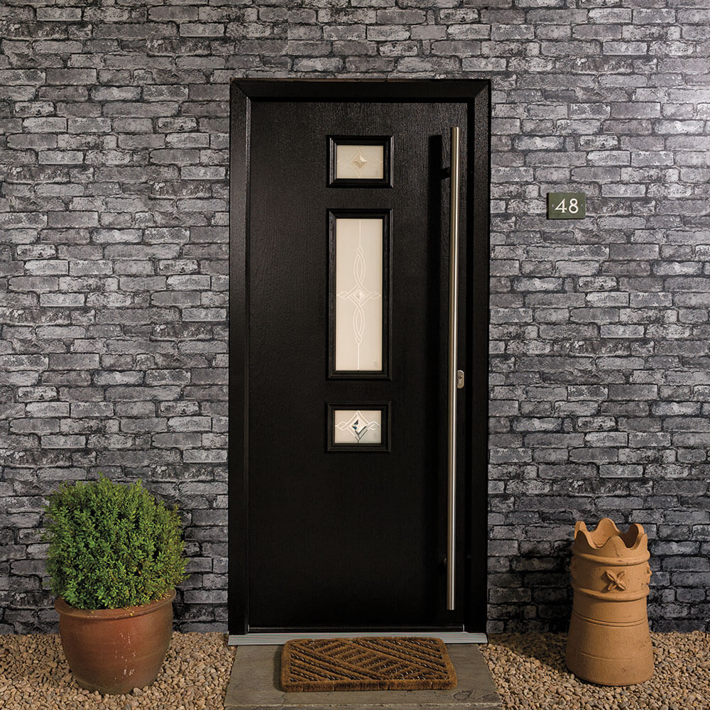 black composite entrance door with pull bar