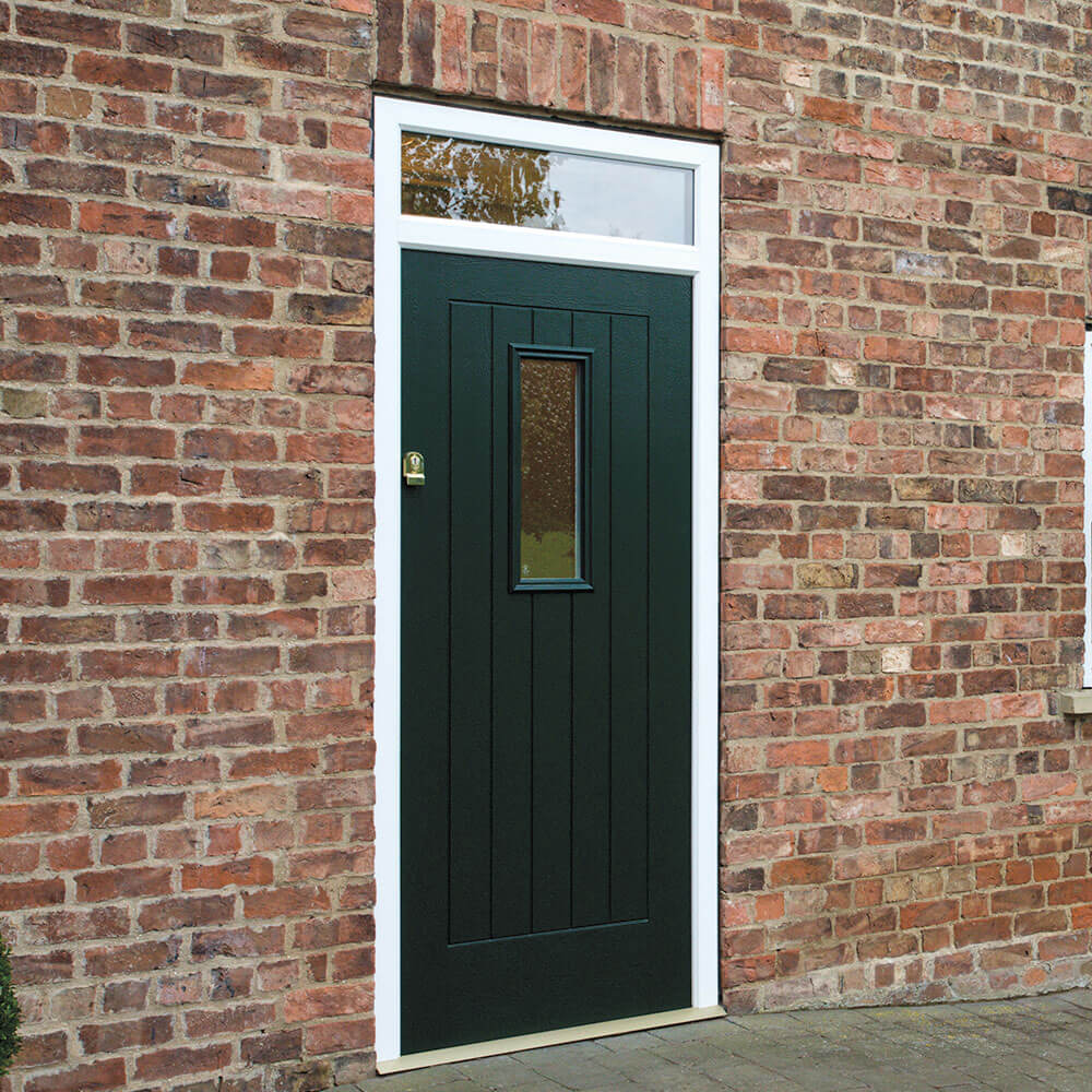 dark green composite door on brick house