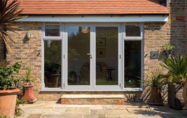 exterior shot of grey aluminium french doors
